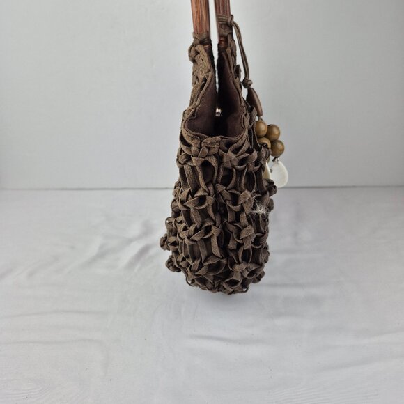 Coldwater Creek Chocolate Brown Macrame Woven Wood Double Hoop Handle Bag - Picture 4 of 14